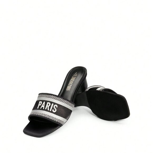 Black Glamorous Women's Glittery Chunky Heeled Square Toe Mule Sandals - Picture 3 of 7